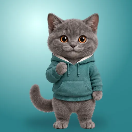 Ao, chartreux, wearing a hoodie.