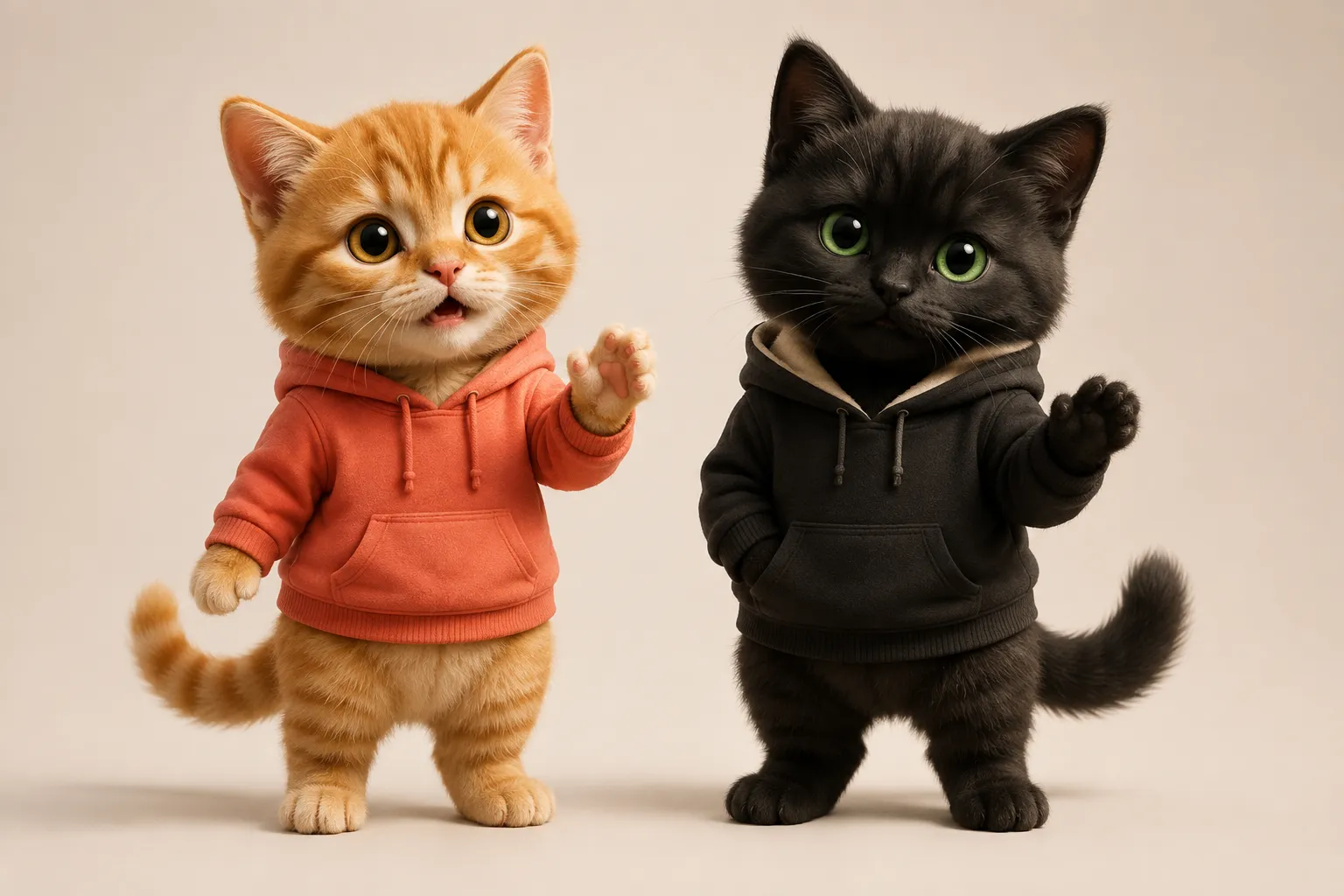 Mikan, the orange kitten, and Kuro, the black kitten, waving hello in their hoodies.