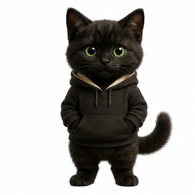 Kuro, black cat, wearing a hoodie.