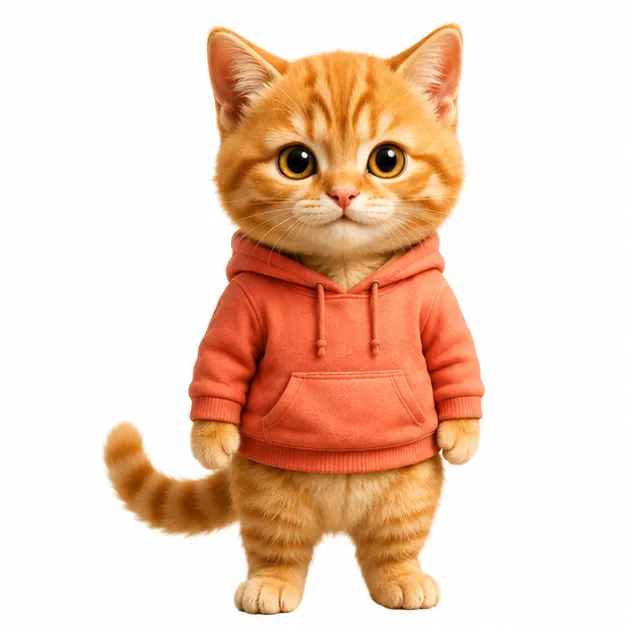 Mikan, orange tabby, wearing a hoodie.