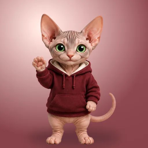 Momo, sphynx, wearing a hoodie.